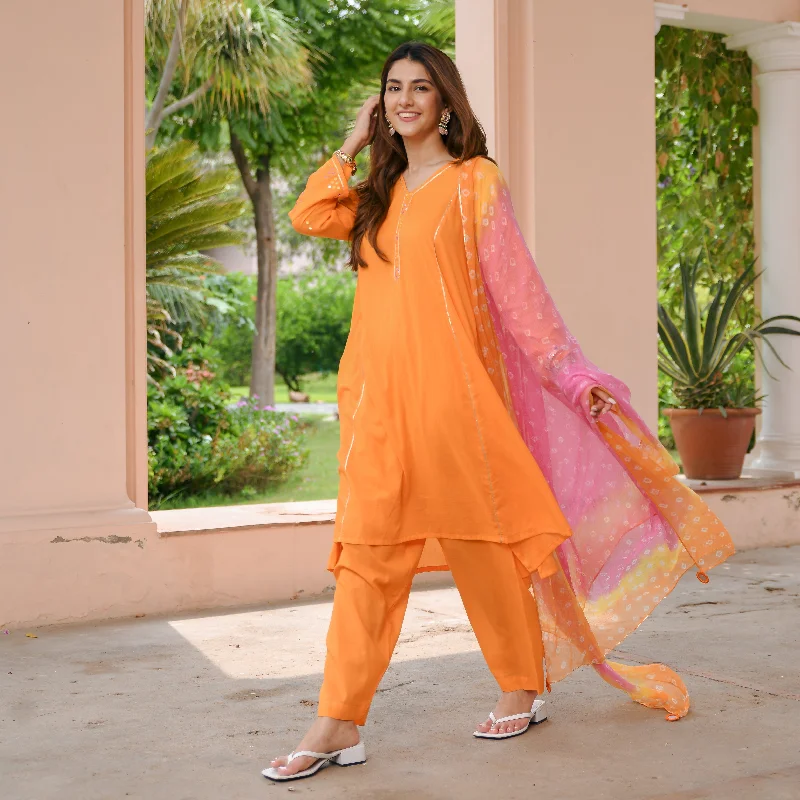 Orange Bandhej Cotton Suit Set