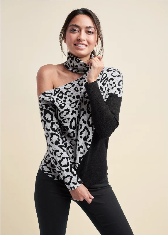 Leoprd Print One Shoulder Sweater - Grey & Black