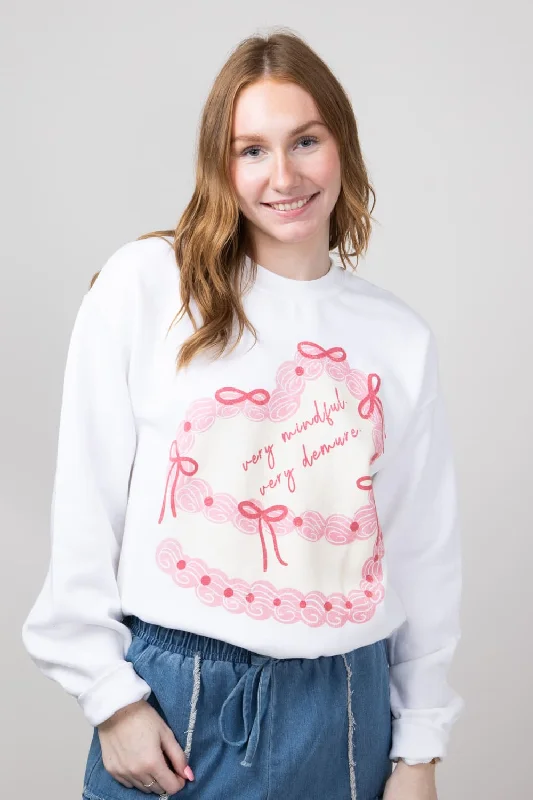 Very Mindful Very Demure Cake Oversized Graphic Sweatshirt for Women in White | 32263X-OSS-WHITE