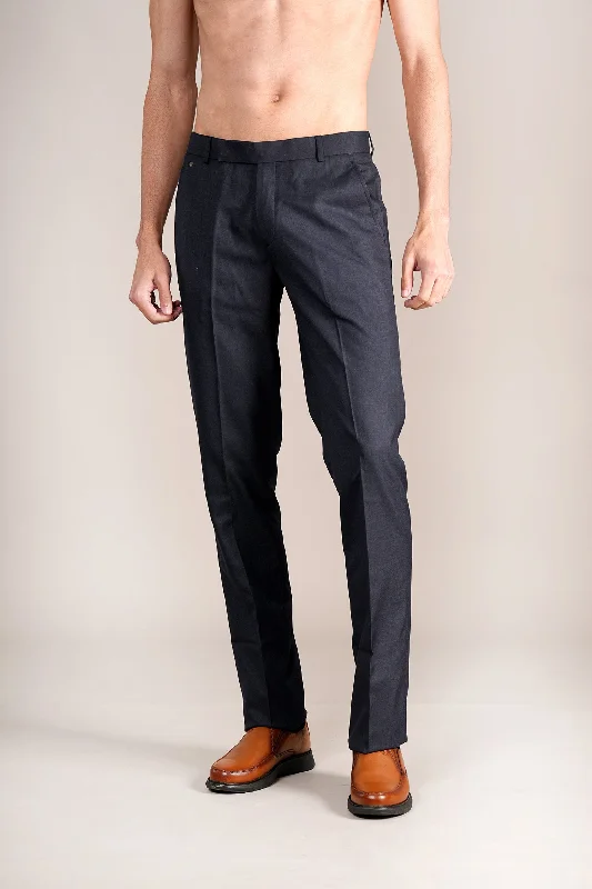 Men's Navy Self Design Non-Pleated Formal Trouser