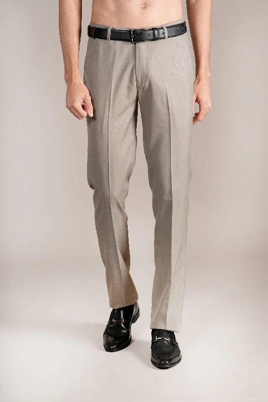 Men's Beige Self Design Non-Pleated Formal Trouser