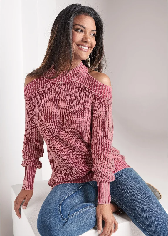 Cold Shoulder Mock Neck Sweater - Pink