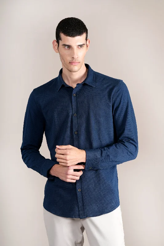 Men's Navy Self Design Full Sleeves Casual Shirt