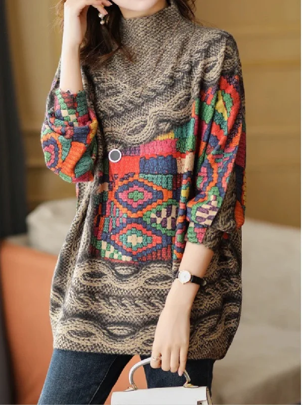 Women's Thickened Knitted Loose Half-High Collar Long-Sleeved Sweater