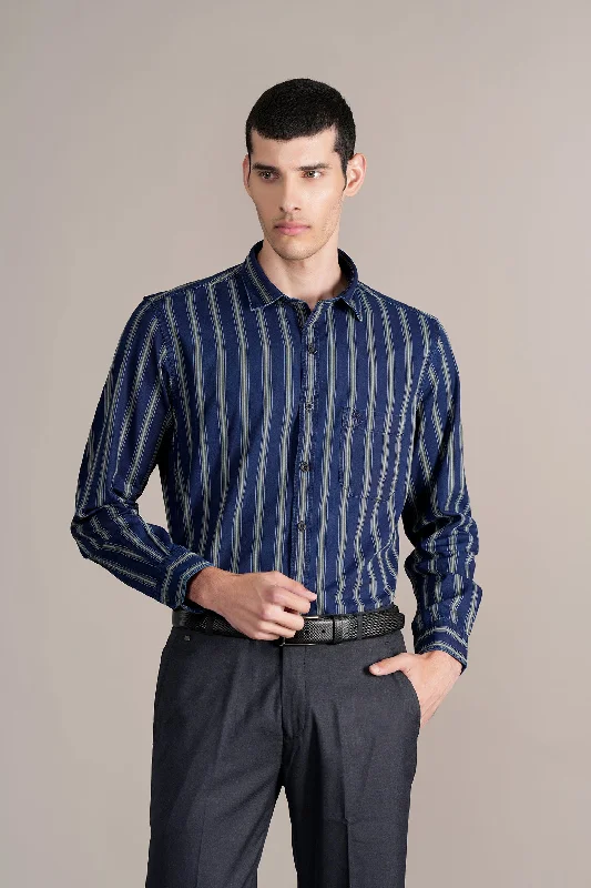 Men's Navy Striped Full Sleeves Casual Shirt