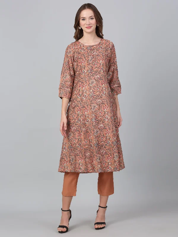 Women's Peach Printed Casual Kurta Plazzo Set