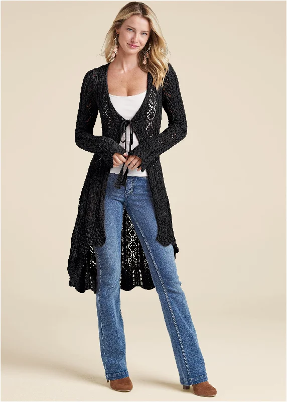 Long Tie Front Crochet Cardigan - Black