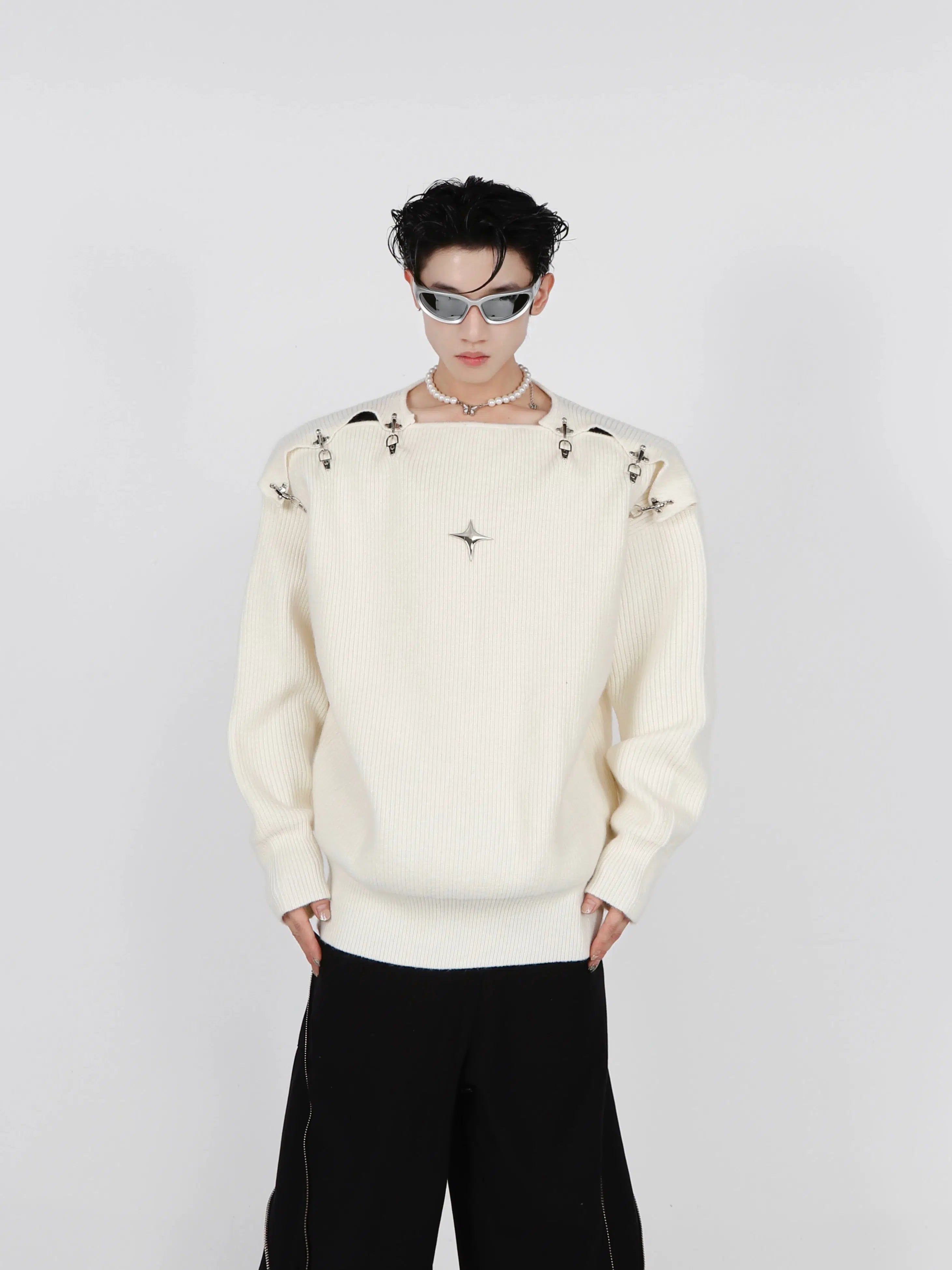 Buckle Hollow Knitted Sweater