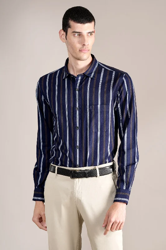 Men's Navy Striped Full Sleeves Casual Shirt