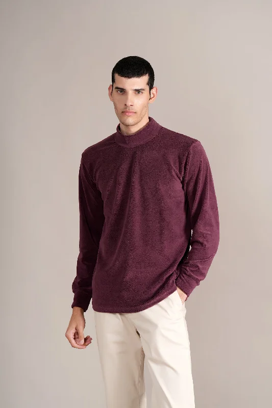 Men's Wine Solid Full Sleeves High Neck T-shirt