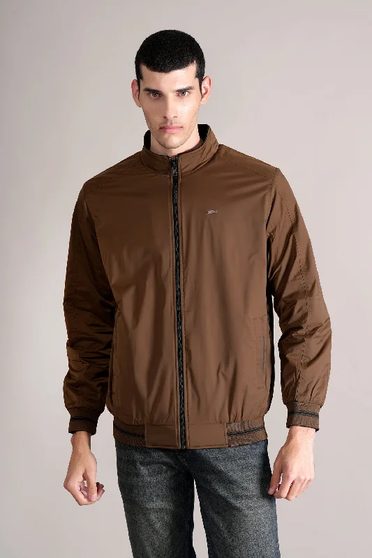 Men's Brown Solid Mock Collar Jacket