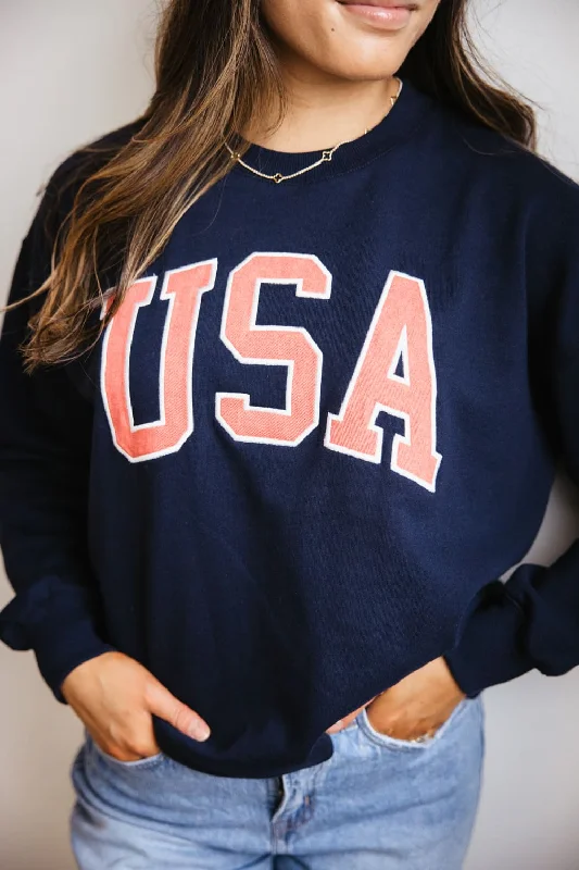 1897 Active USA Embroidered Fleece Sweatshirt for Women in Deep Navy | GT875-DEEPNAVY