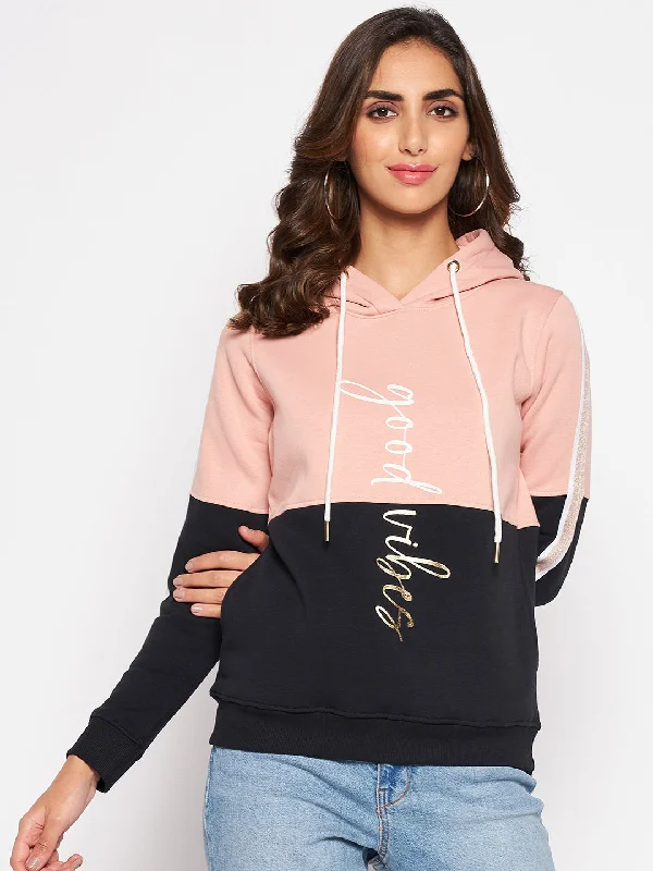 Women's Casual  Peach Regular Full Sleeve Color block Pullover Hoodie Sweatshirt