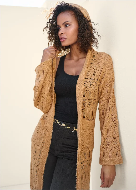 Fringe Detail Hooded Duster - Dark Gold