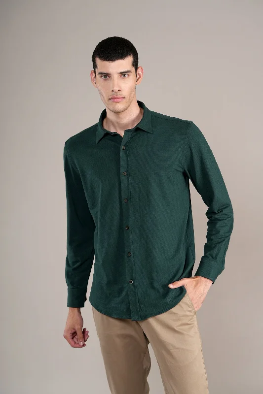 Men's Bottle Green Self Design Full Sleeves Casual Shirt