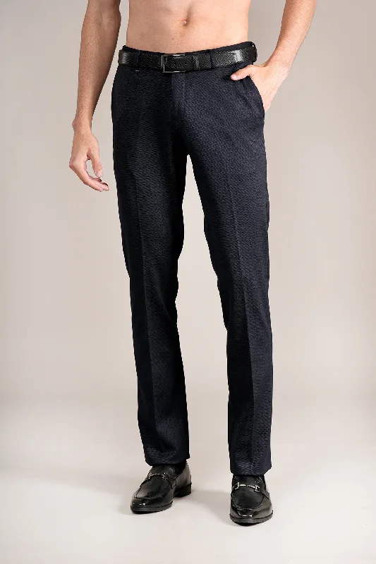 Men's Navy Self Design Non-Pleated Formal Trouser