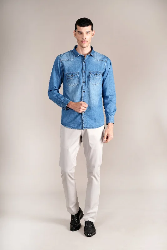 Men's Blue Solid Full Sleeves Casual Shirt