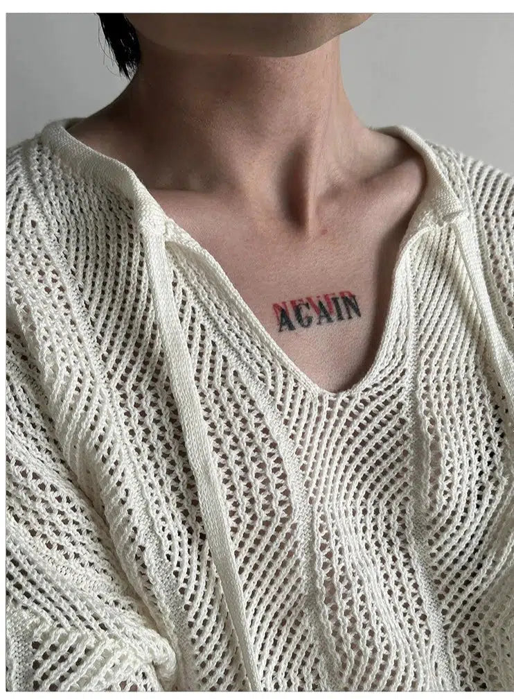 V-Neck Loose Knit Sweater with Hollow Design