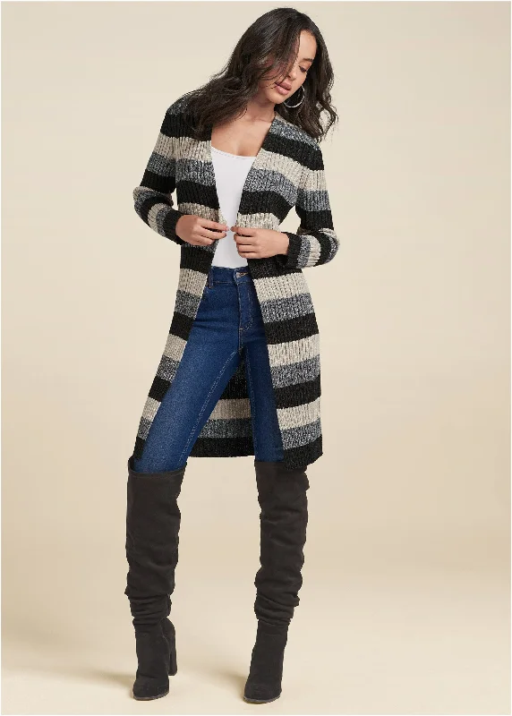 Striped Ribbed Cardigan - Black Multi