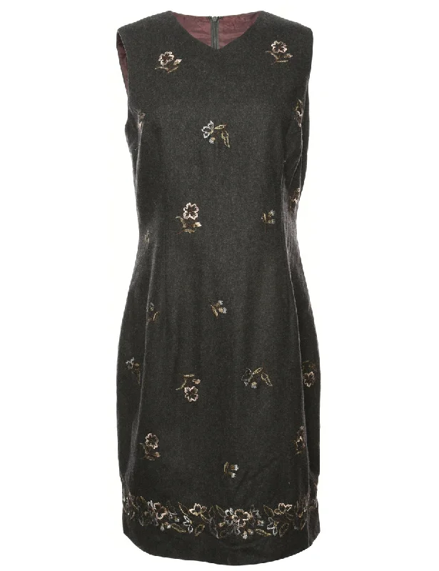 Dark Grey Floral Print Dress - M