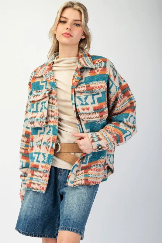 Ethnic Print Button Down Fleece Shacked