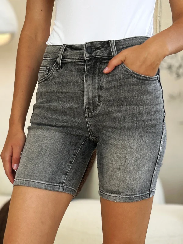 Judy Blue Mid Rise Grey Washed Bermuda Denim Shorts