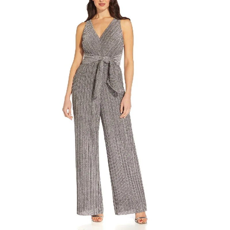 Adrianna Papell Womens Petites Metallic Tie Waist Jumpsuit