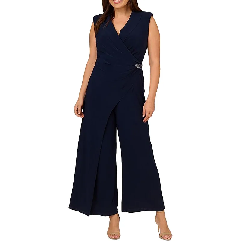 Adrianna Papell Womens Plus Wide Leg Shawl Collar Jumpsuit