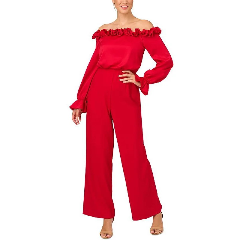 Adrianna Papell Womens Satin Off-The-Shoulder Jumpsuit