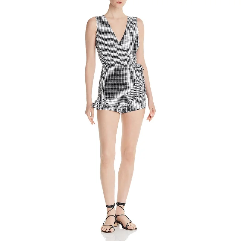 Aqua Womens Faux-Wrap Check Print Romper