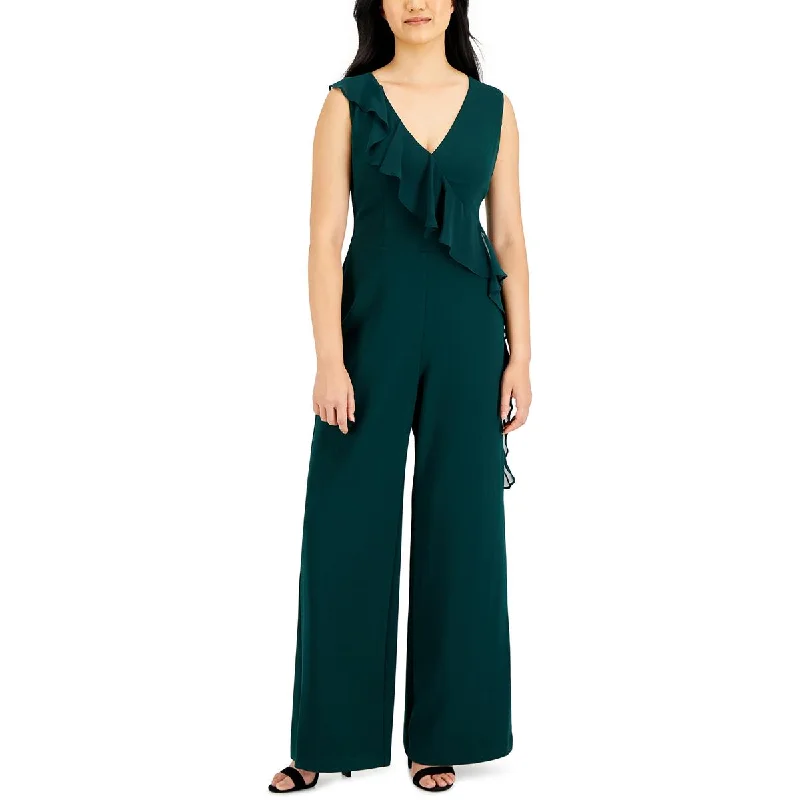 Connected Apparel Womens V-Neck Ruffled Jumpsuit