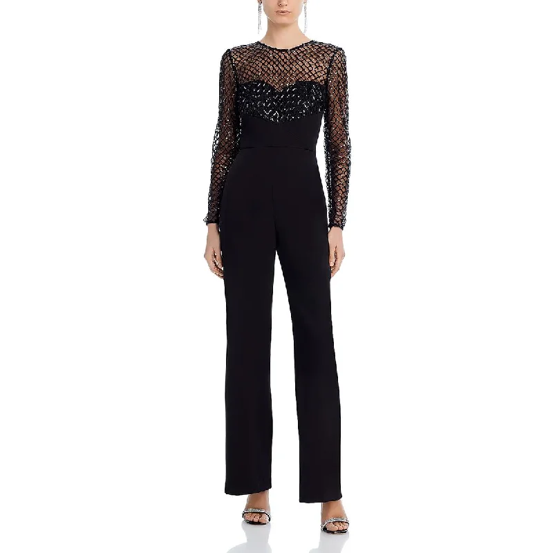 Halston Womens Mesh Wide Legs Jumpsuit