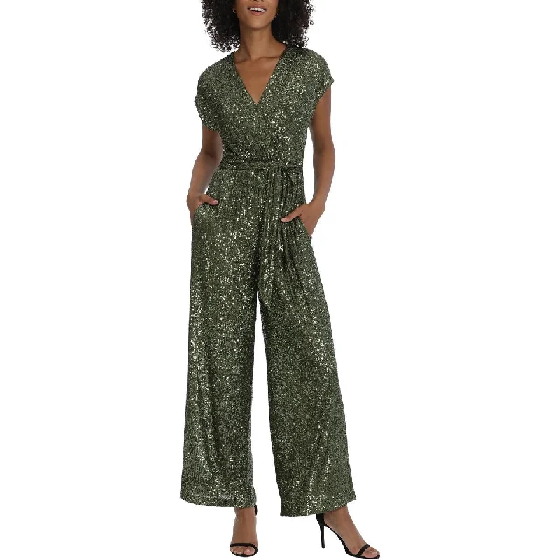 Maggy London Womens Sequined Faux Wrap Jumpsuit