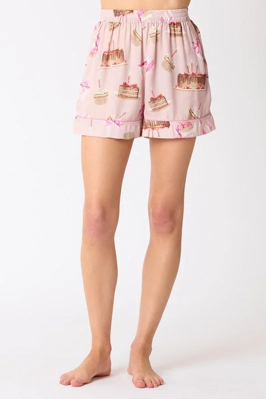 Satin Birthday Cake Printed Pajama Shorts