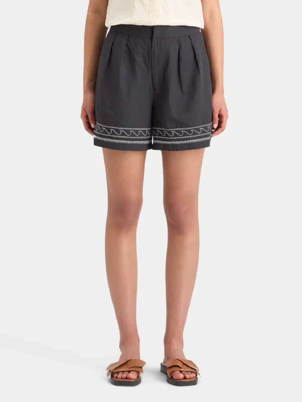 Palm embroidered high-rise linen shorts