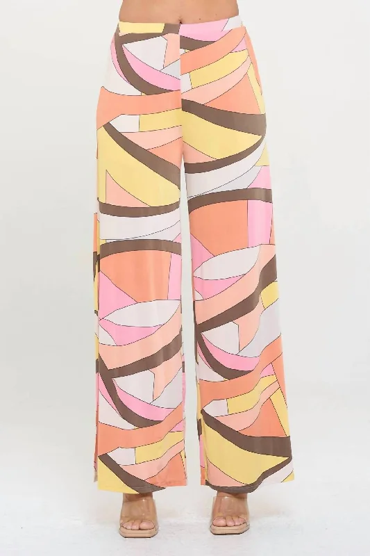 Flowy Palazzo Pant With Side Slits In Pink/yellow