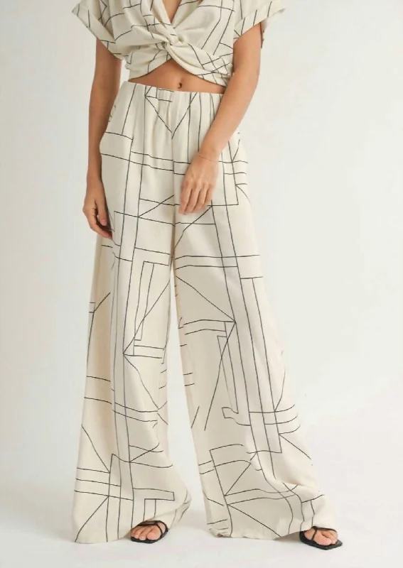 Geometric Wide Leg Pants In Cream/black